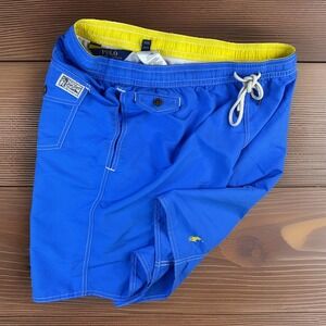 Polo Ralph Lauren Swim Shorts Mesh Lined Trunks Blue‎ 8'' Men Sz XL Yellow Pony